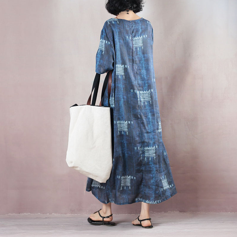 stilvolle blaue Leinenkleider trendige Plus-Size-O-Ausschnitt-Kaftane mit extra großem Saum 2018 Kurzarm-Baggy-Kleider-Kaftane