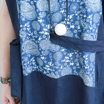 stilvolle blaue Leinen-Etuikleider Plus Size Leinen-Baumwollkleid feine Krawatte Taille Drucke Leinen Kleidung Kleider