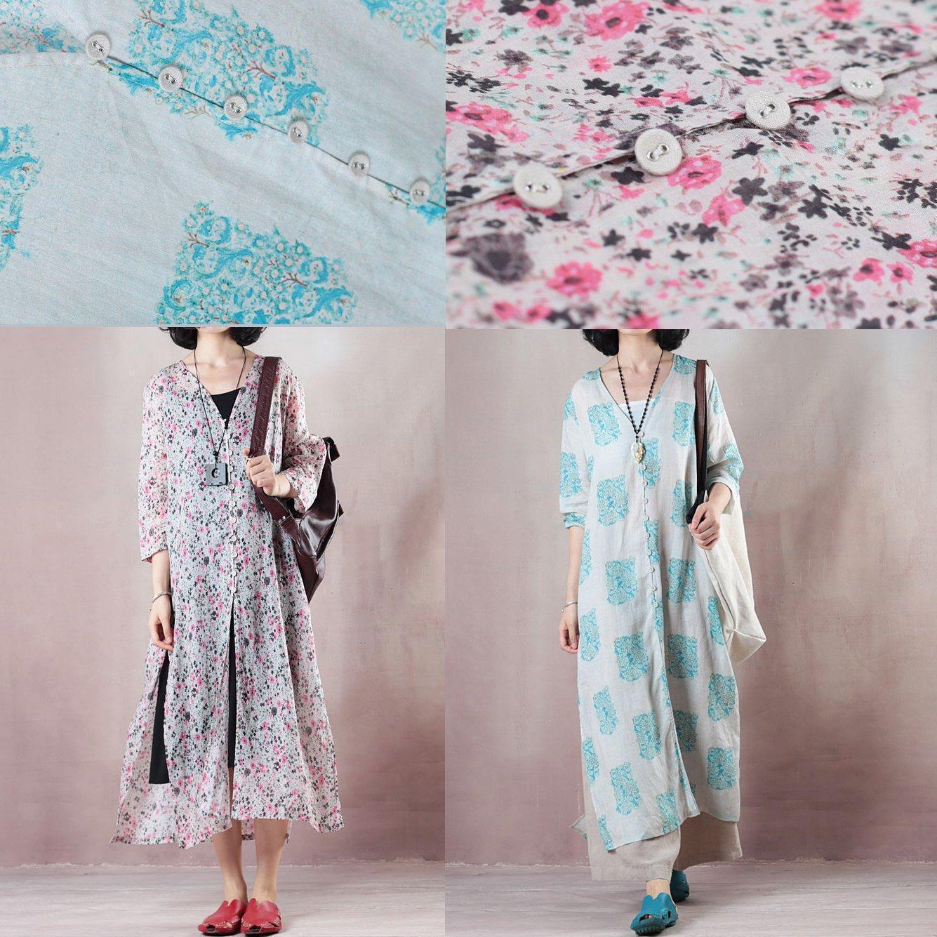 stilvolle blaue Print lange Leinenkleider Plus Size Kleidung V-Ausschnitt seitlich offen Reisekleid feines Halbarmkleid