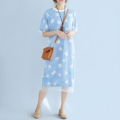 stilvolle blau gestreifte Baumwollkleider übergroßes Baumwollkleidungskleid 2018 Kurzarm-Baumwollkleid mit Prints