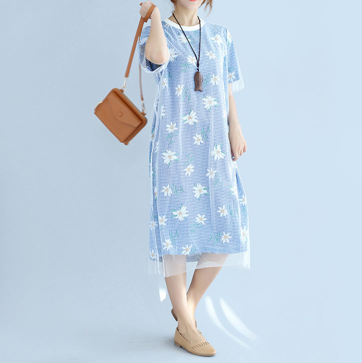 stilvolle blau gestreifte Baumwollkleider übergroßes Baumwollkleidungskleid 2018 Kurzarm-Baumwollkleid mit Prints