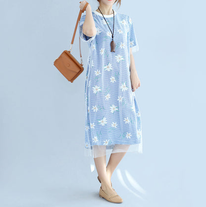 stilvolle blau gestreifte Baumwollkleider übergroßes Baumwollkleidungskleid 2018 Kurzarm-Baumwollkleid mit Prints