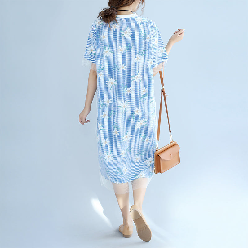 stilvolle blau gestreifte Baumwollkleider übergroßes Baumwollkleidungskleid 2018 Kurzarm-Baumwollkleid mit Prints