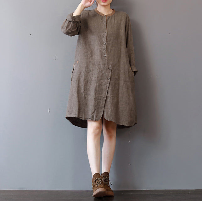 stylisches Hemdkleid aus schokoladenbraunem Leinen in Übergröße, Reisekleidung, langärmlige, lässige Kleider mit Rundhalsausschnitt
