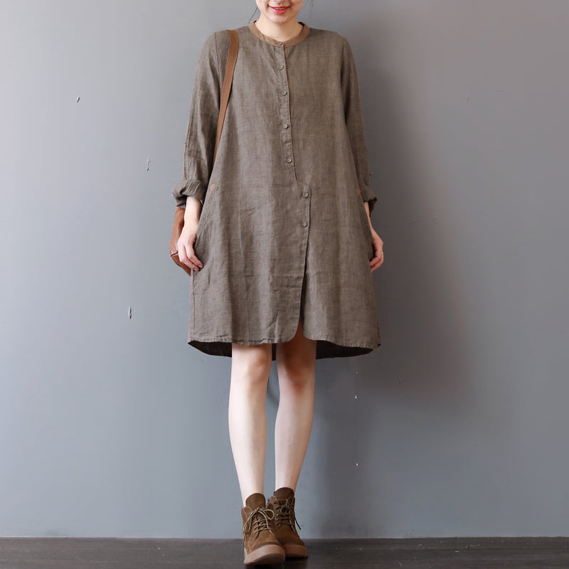 stylisches Hemdkleid aus schokoladenbraunem Leinen in Übergröße, Reisekleidung, langärmlige, lässige Kleider mit Rundhalsausschnitt