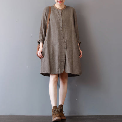 stylisches Hemdkleid aus schokoladenbraunem Leinen in Übergröße, Reisekleidung, langärmlige, lässige Kleider mit Rundhalsausschnitt