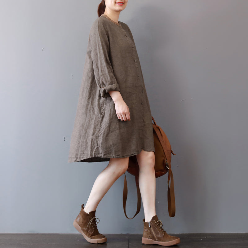 stylisches Hemdkleid aus schokoladenbraunem Leinen in Übergröße, Reisekleidung, langärmlige, lässige Kleider mit Rundhalsausschnitt
