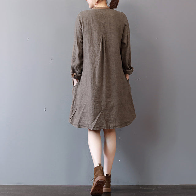 stylisches Hemdkleid aus schokoladenbraunem Leinen in Übergröße, Reisekleidung, langärmlige, lässige Kleider mit Rundhalsausschnitt