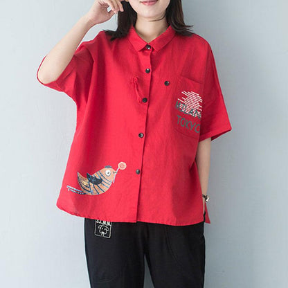stylische Baumwollbluse Plus Size Polokragen Einreihig 12 Ärmel Rote Bluse