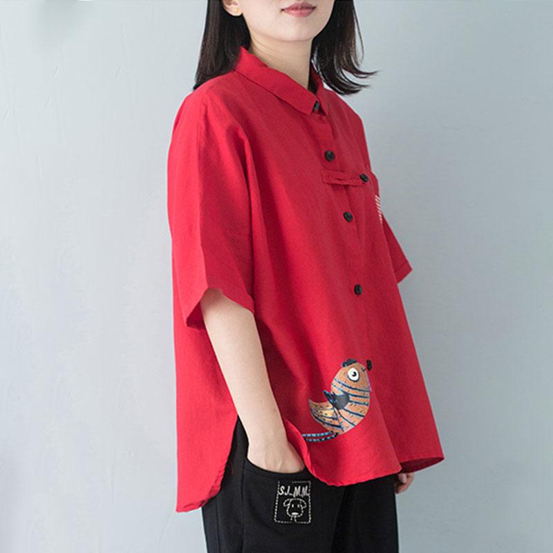 stylische Baumwollbluse Plus Size Polokragen Einreihig 12 Ärmel Rote Bluse