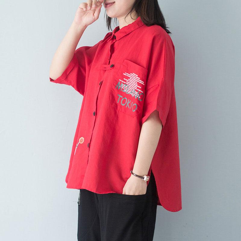 stylische Baumwollbluse Plus Size Polokragen Einreihig 12 Ärmel Rote Bluse