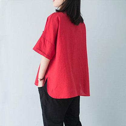stylische Baumwollbluse Plus Size Polokragen Einreihig 12 Ärmel Rote Bluse