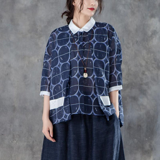 stylische Baumwollblusen Locker sitzende Polokragen Dreiviertelärmel Unregelmäßige Damenbluse