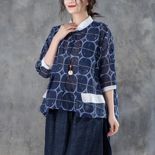 stylische Baumwollblusen Locker sitzende Polokragen Dreiviertelärmel Unregelmäßige Damenbluse