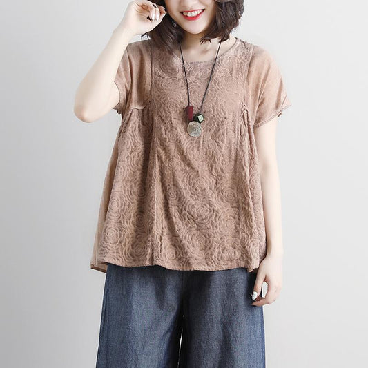 stylische Baumwollhemden in Übergröße Lässige Sommer-Kurzarm-Bluse in Beige mit U-Boot-Ausschnitt