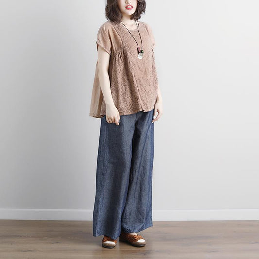 stylische Baumwollhemden in Übergröße Lässige Sommer-Kurzarm-Bluse in Beige mit U-Boot-Ausschnitt