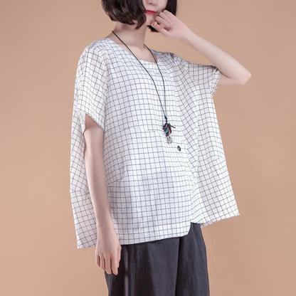stylisches Sommertop aus Baumwolle in Übergröße, kurzärmelig, kariert, für den Sommer, lässig, weiß, Damen-Tops