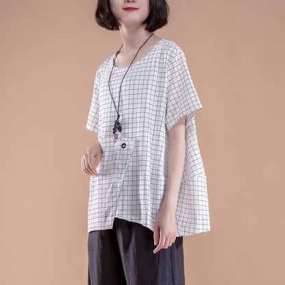 stylisches Sommertop aus Baumwolle in Übergröße, kurzärmelig, kariert, für den Sommer, lässig, weiß, Damen-Tops
