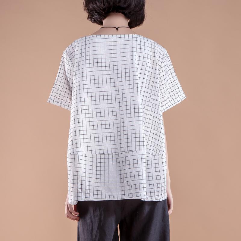 stylisches Sommertop aus Baumwolle in Übergröße, kurzärmelig, kariert, für den Sommer, lässig, weiß, Damen-Tops