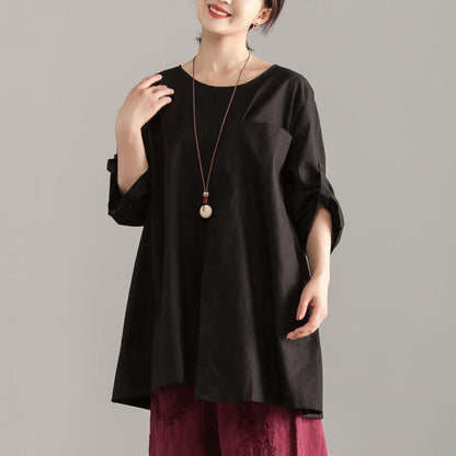 stylisches Sommertop aus Baumwolle Locker sitzendes, lässiges, kurzärmliges, schwarzes, langes Top mit Tasche
