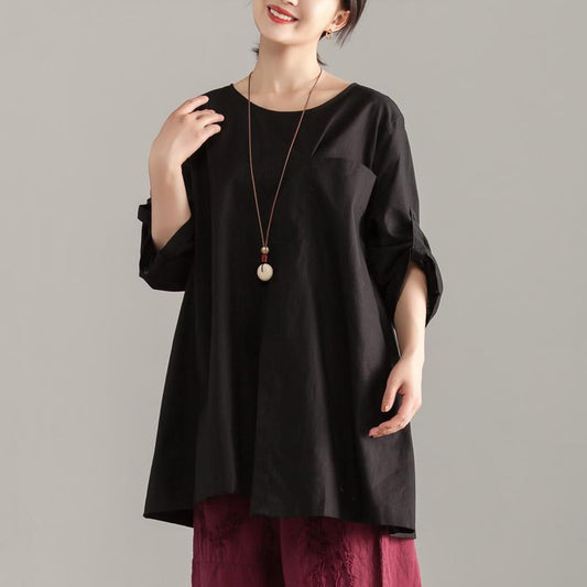 stylisches Sommertop aus Baumwolle Locker sitzendes, lässiges, kurzärmliges, schwarzes, langes Top mit Tasche