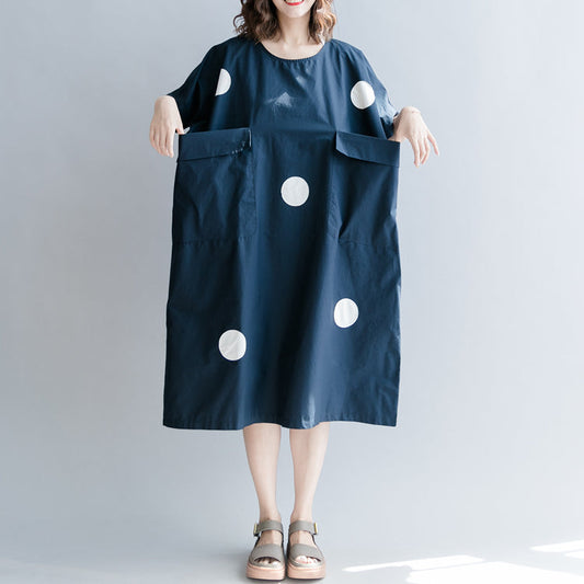 stylisches dunkelblau gepunktetes Kleid aus natürlicher Baumwolle lässige Urlaubskleider Vintage Kurzarm O-Ausschnitt Baggy-Kleider