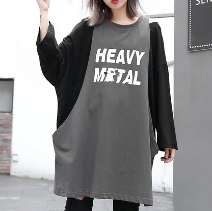 stylish gray cotton blended blouse oversized O neck holiday tops fine patchwork Fake two pieces cotton blended blouses