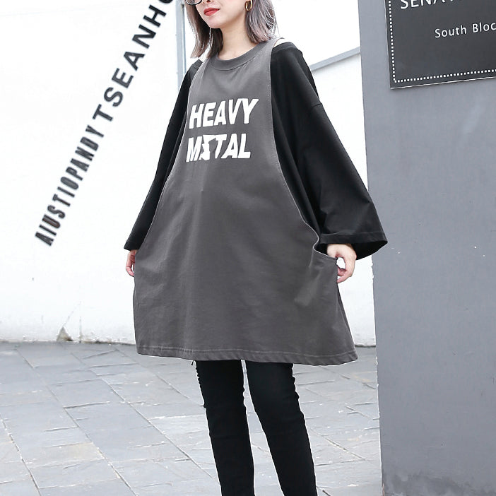 stylish gray cotton blended blouse oversized O neck holiday tops fine patchwork Fake two pieces cotton blended blouses