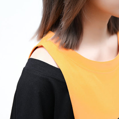 stylish gray cotton blended blouse oversized O neck holiday tops fine patchwork Fake two pieces cotton blended blouses