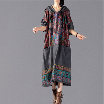stylisches graues Print-Maxikleid 2018 mit Oversize-Kapuze und Baggy-Stil, feine Patchwork-Baumwollkleider