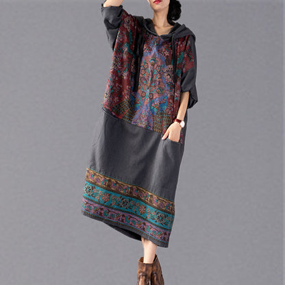 stylisches graues Print-Maxikleid 2018 mit Oversize-Kapuze und Baggy-Stil, feine Patchwork-Baumwollkleider