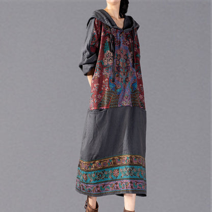 stylisches graues Print-Maxikleid 2018 mit Oversize-Kapuze und Baggy-Stil, feine Patchwork-Baumwollkleider