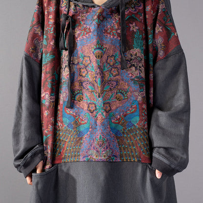 stylisches graues Print-Maxikleid 2018 mit Oversize-Kapuze und Baggy-Stil, feine Patchwork-Baumwollkleider