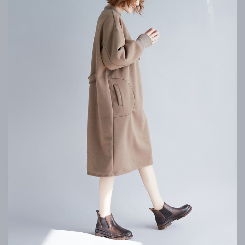 Stilvolles khakifarbenes Frühlings-Baumwollkleid von Omychic, warme, langärmlige, dicke Urlaubskleider mit Rundhalsausschnitt, Baumwollkleidung