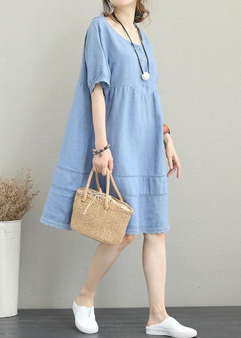 stylisches hellblaues Leinen Etuikleid Oversize Hemdkleid Damen Patchwork Spitze aushöhlen Leinen Baumwollkleid