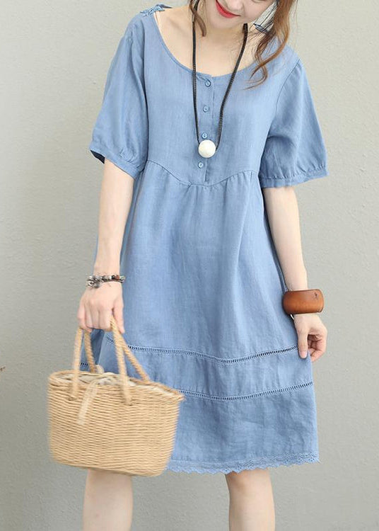 stylisches hellblaues Leinen Etuikleid Oversize Hemdkleid Damen Patchwork Spitze aushöhlen Leinen Baumwollkleid
