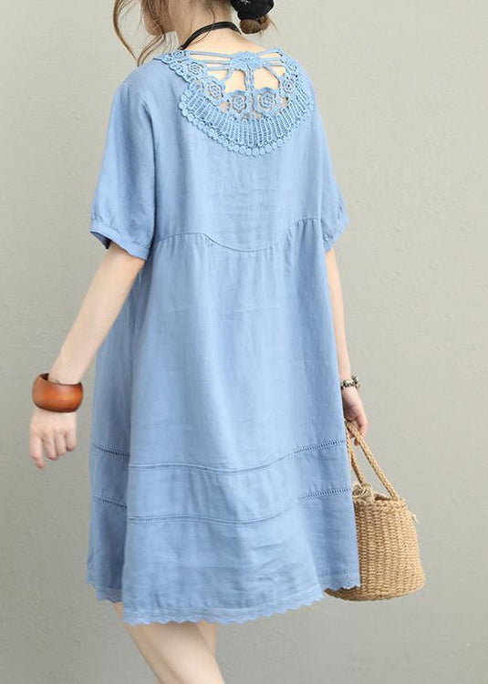 stylisches hellblaues Leinen Etuikleid Oversize Hemdkleid Damen Patchwork Spitze aushöhlen Leinen Baumwollkleid