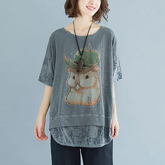 stylische Leinen-Baumwoll-Oberteile in Übergröße Sommer-Stickerei-Kurzarm-Schlitzbluse