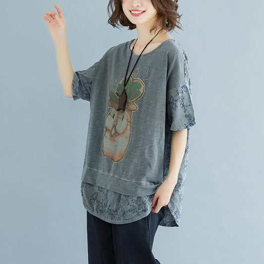 stylische Leinen-Baumwoll-Oberteile in Übergröße Sommer-Stickerei-Kurzarm-Schlitzbluse