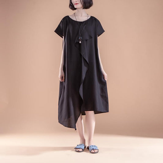 stylisches Leinen Sommerkleid lässig Kurzarm High-Low Saum Sommer Casual Schwarzes Kleid