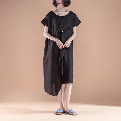 stylisches Leinen Sommerkleid lässig Kurzarm High-Low Saum Sommer Casual Schwarzes Kleid