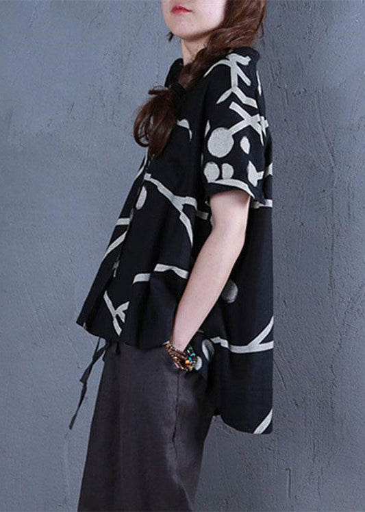 stylische Leinenoberteile übergroße, einreihige schwarze Bluse mit Stehkragen und Aufdruck