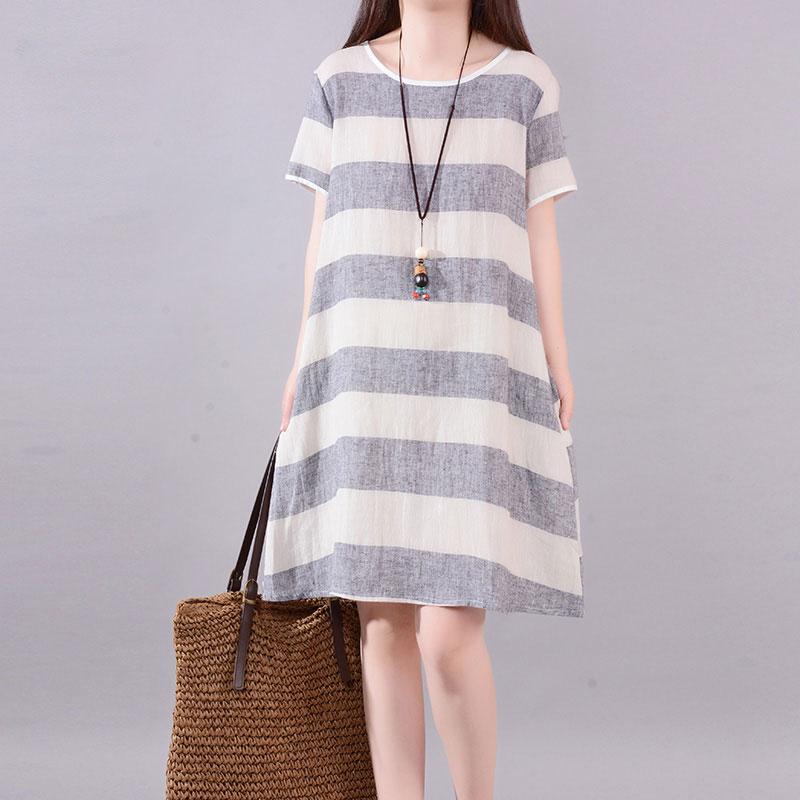 stilvolle lange Leinenkleider Plus Size Kleidung Grau gestreift Kurzarm Casual Cotton Flachs Kleid