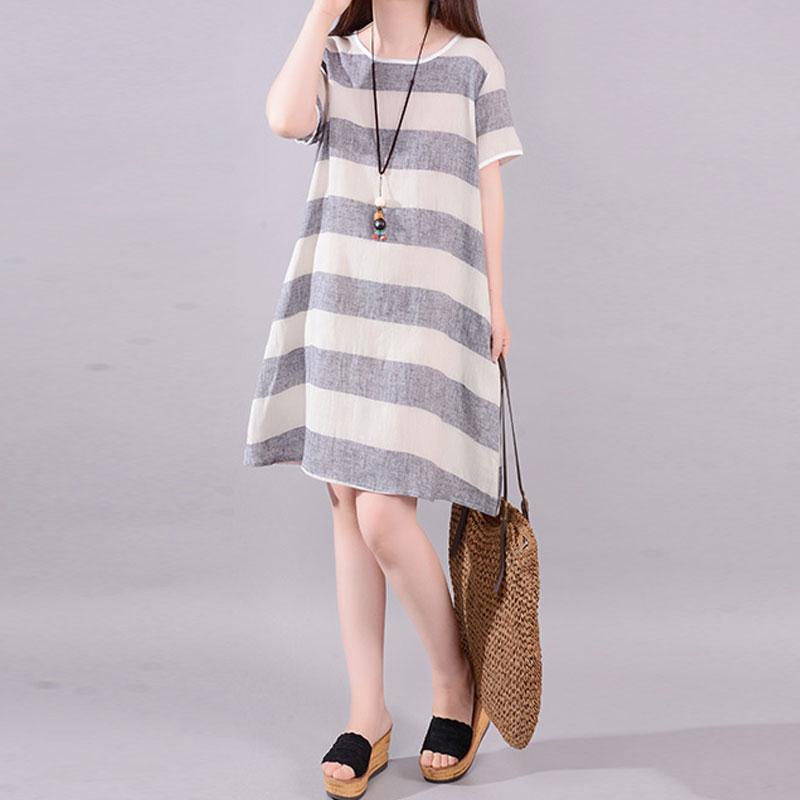stilvolle lange Leinenkleider Plus Size Kleidung Grau gestreift Kurzarm Casual Cotton Flachs Kleid