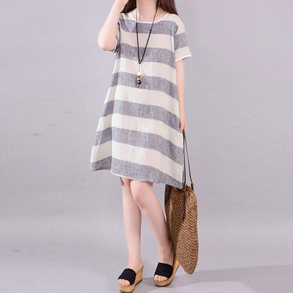 stilvolle lange Leinenkleider Plus Size Kleidung Grau gestreift Kurzarm Casual Cotton Flachs Kleid