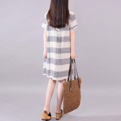 stilvolle lange Leinenkleider Plus Size Kleidung Grau gestreift Kurzarm Casual Cotton Flachs Kleid