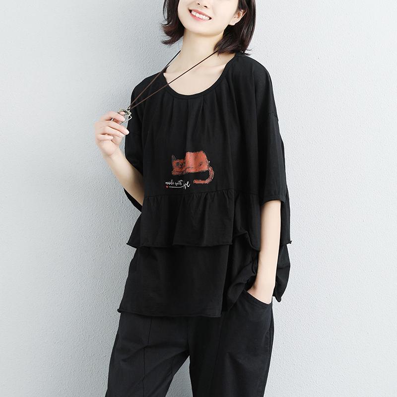 Stilvolles T-Shirt aus natürlicher Baumwolle Locker sitzende, lockere Damen-Baumwoll-Rundhals-Print-Weiß-Tops