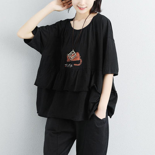 Stilvolles T-Shirt aus natürlicher Baumwolle Locker sitzende, lockere Damen-Baumwoll-Rundhals-Print-Weiß-Tops