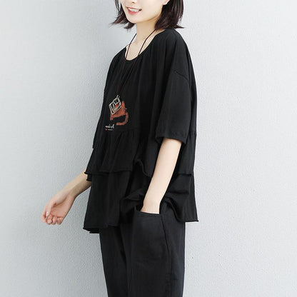 Stilvolles T-Shirt aus natürlicher Baumwolle Locker sitzende, lockere Damen-Baumwoll-Rundhals-Print-Weiß-Tops