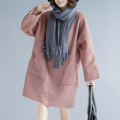 stylisches rosa Frühlings-Baumwollkleid Oversize Langarm dicke Frühlingskleider große Taschen